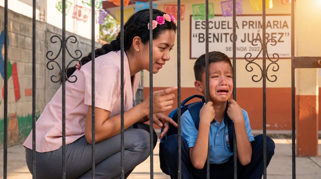 Niña abrazando a su madre frente a una escuela