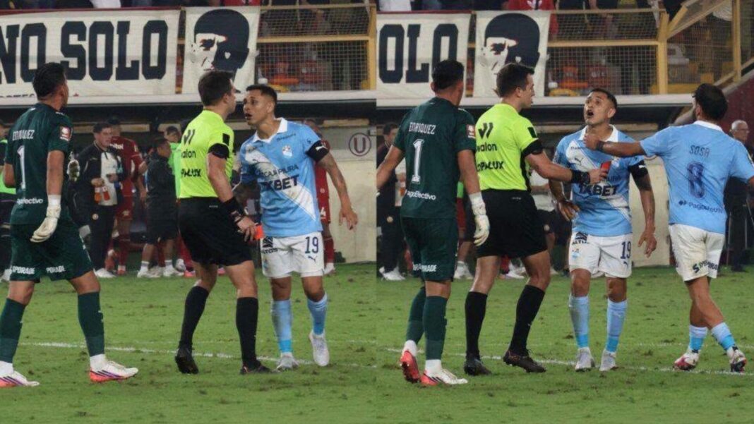 Yoshimar Yotún y Diego Enríquez discuten durante el partido entre Sporting Cristal y Universitario