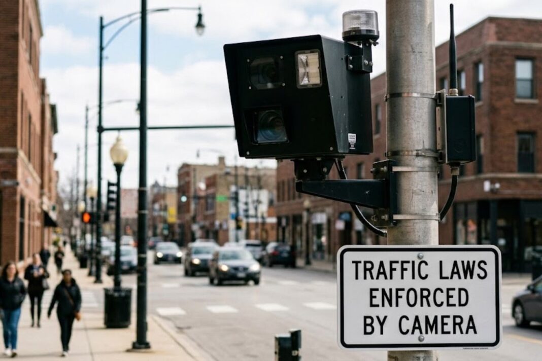 Cámara de fiscalización automatizada instalada en un autobús de Chicago para detectar infracciones en ciclovías y carriles de autobús