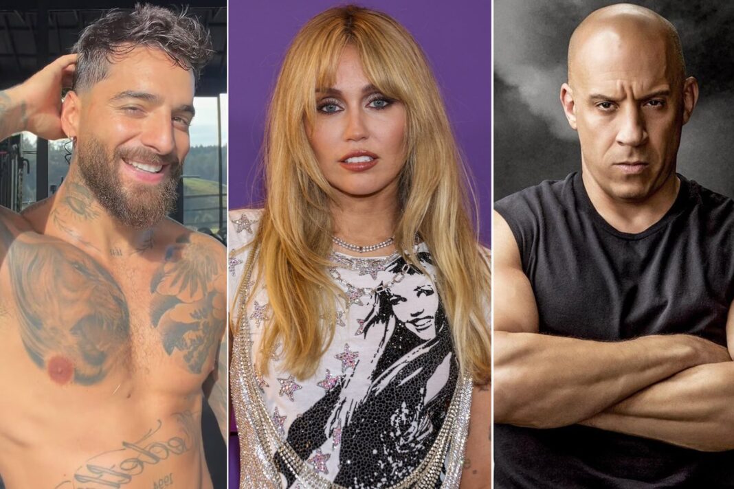 Collage de celebridades que cambiaron sus nombres artísticos: Vin Diesel, Miley Cyrus, Maluma, Iggy Azalea, Bruno Mars, Pink y Elton John