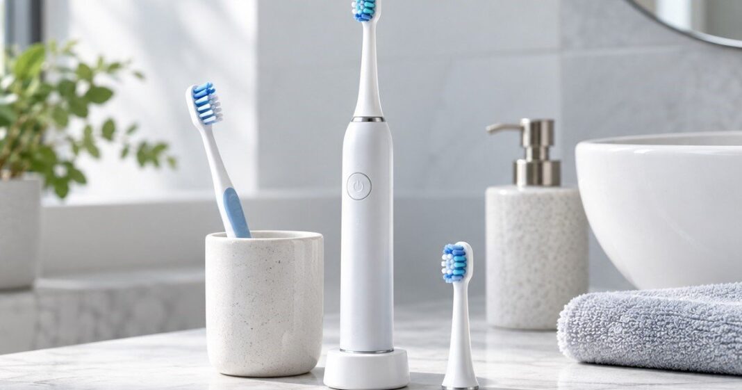 Cepillos de dientes manuales y eléctricos sobre una superficie